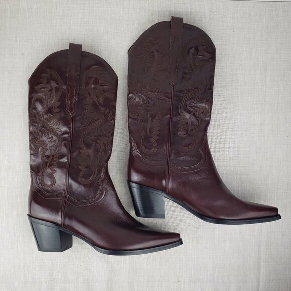 Jeffrey Campbell Dagget Burgundy Leather Cowboy Western Stitch Boots Size 11 - Picture 3 of 11